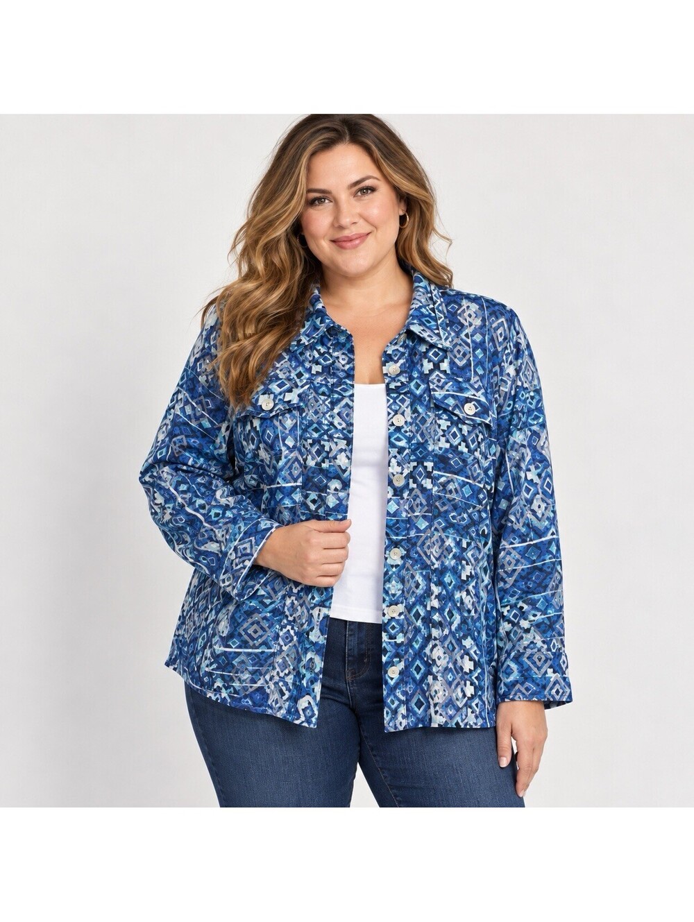 Lark Lane Woman 18W Blue Geometric Button Front Shirt Jacket Linen Blend Artsy